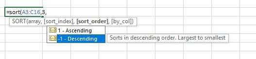 Specify 3 as the sort column and -1 as the sort order for descending.