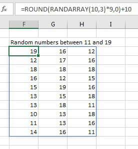 An array of random numbers between 11 & 19