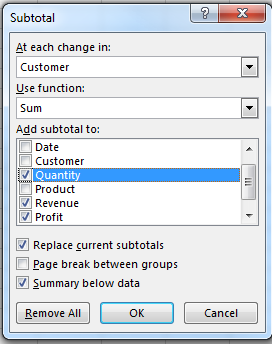 The Subtotal dialog box says: At Each Change in Customer, Use Function Sum, Add Subtotal To Quantity, Revenue, Profit. The boxes for Replace Current Subtotals and Summary Below Data are checked. The box for Page Break Between Groups is unselected. There are three buttons at the bottom of the dialog: Remove All, OK, and Cancel. To add the subtotals, click OK.