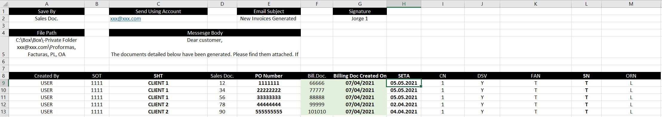 This is how the sheet looks. As you can notice I have 2 different clients with different amount of documents generated