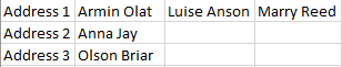 r/excel - How can I convert a list of addresses, first and last names so that one unique address appears per row, while the names populate the columns behind?