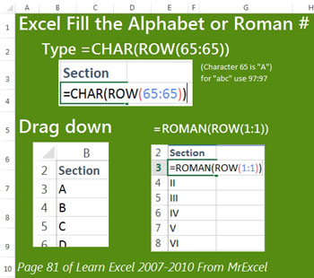 Excel Fill Alphabet or Roman Numerals