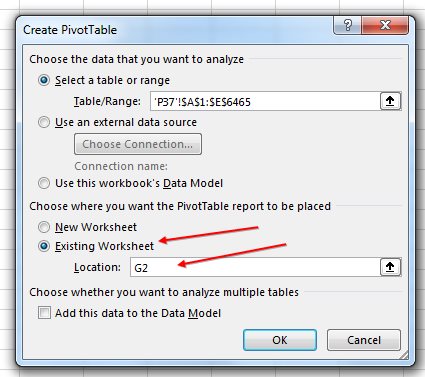 Select where to build the pivot table