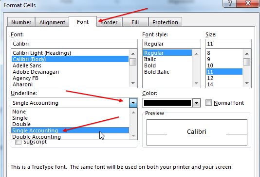 how to do accounting underline in excel