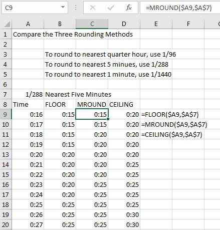 Round to five minutes by using 1/288