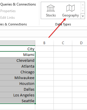 Select the city names and choose Data, Geography.