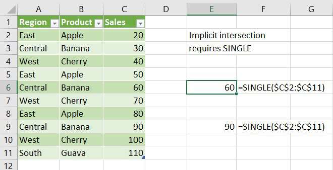 Use the SINGLE function when you need Implicit Intersection.