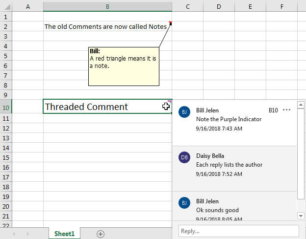 Different cell indicators call out the different comment types.