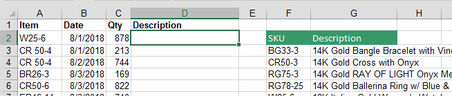You have a list of item numbers in column A. You need to get the item description from a table in F & G. The table has item number in F and Description in G.