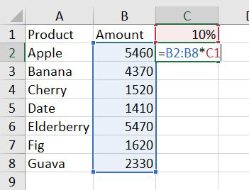 Dollar amounts in B2:B8. A 10% factor in C1. In the screen shot, something completely new: a single formula of =B2:B8*C1 being entered in one cell, C2.
