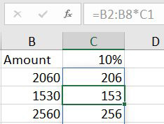 Although the results are showing in C2:C8, the formula only lives in C2. When you select C3, the formula in the formula bar is greyed out.