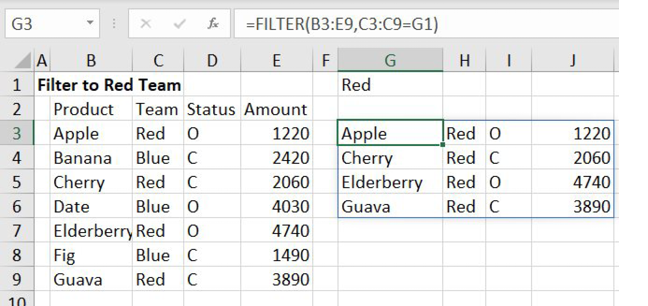 With Red entered in G1, you get all of the records for the red team returned to G3:J6.