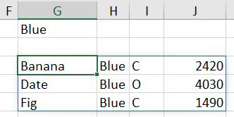 Change G1 from Red to Blue and you get three records returned, representing the rows for the Blue team.