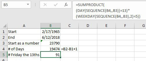 With dynamic arrays, the formula is =SUMPRODUCT(
(DAY(SEQUENCE(B4,,B3))=13)*
(WEEKDAY(SEQUENCE(B4,,B3),2)=5))
entered without Ctrl+Shift+Enter.
