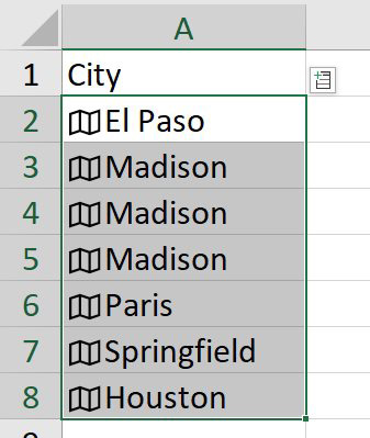 Each value in A2:A8 now has a map icon to the left of the text. One annoyance, Paris, KY now just says Paris.