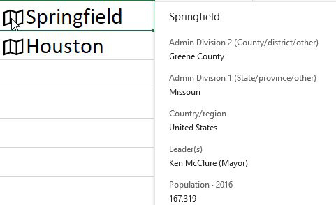 Click any map icon and a box pops up with information such as Population, County, Mayor.