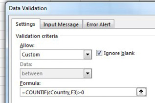 In Data Validation, open the Allow box and choose Custom. Type a formula of =COUNTIF(cCountry,F3)>0