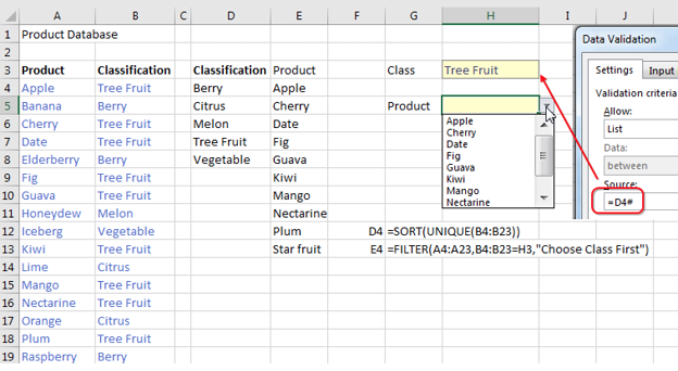 The product database in A4:B23 lists products and classes. A UNIQUE formula in D4 gets the UNIQUE of class. The person using the worksheet choose from a validation dropdown in H3. The source of that first validation uses the Spiller notation of =D4#. Once they have chosed a Class, then E4 gets a list of matching products with =SORT(FILTER(A4:A23,B4:B23=H3,"Choose Class First")). A second validation drop-down for Product is in H5. The source for that list is =E4#.
