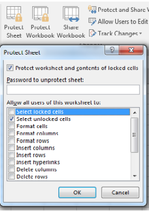 Use the Protect Sheet icon on the Review tab. You can choose what people can do to a protected sheet. In this screenshot, only Select Unlocked Cells is available.