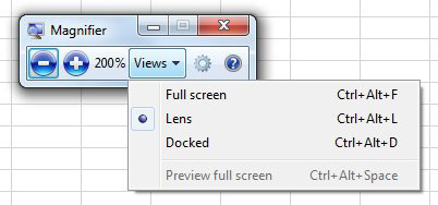 This shows the Magnifier toolbar. There are three views for Windows Magnifier:  Full Screen, Lens, or Docked. In this figure, Lens is chosen.