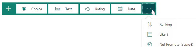 As you are building survey questions, there are four question types visible: Choice, Text, Ranking, Date. But if you click on the three dots, you have more choices such as Raking, Likert, and New Promoter Score.