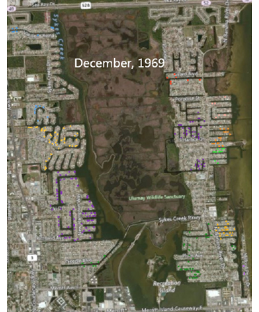 Drag the time scrubber back to December 1969 and only 2 of the housing allotments are fully built out. A few scattered houses in newer allotments are just starting to appear.