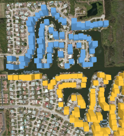 Zooming in, you can start to make out individual houses and see some of the sales price height.