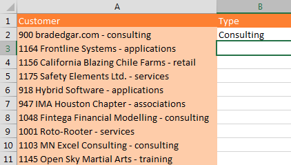 In this case, column A contains three fields. An account number, the account name, a hypen, and then the industry in lower case.  Type the first industry in B2, using Proper Case.