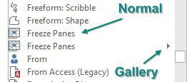 There are two entries called Freeze Panes that you can add to the QAT. Both say "Freeze Panes". The second one adds a right-arrow at the far right edge of the list box. The one with the arrow adds a gallery to the QAT. In this case, you want the one without the gallery.