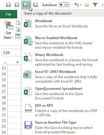 Once on the QAT, the gallery version of Save As Other Format offers Workbook, Macro-Enabled Workbook, Binary Workbook, Excel 97-2003 Workbook, OpenDocument Spreadsheet, PDF or XPS, Savee as Another File Type.