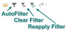 Three filtering icons on the QAT: AutoFilter, Clear Filter, and Reapply Filter.