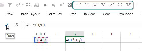 QAT icons for Equals, Plus, Minus, Multiply, Divide, and Exponent, and Percent. Each appears inside of quotes, so the QAT looks like "=" "+" "-" "*" "/" "^" "%".