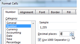 In the Format Cells dialog, click the Number tab across the top. Choose the Number category along the left. Set the Decimal Places to 0. Choose Use Thousands Separator.