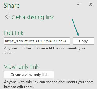 The Share Panel offers an Edit Link and a View-Only Link. Click the button to create either (or both) link. Once you create the link, you will see it is insanely long (https://1drv.ms/s/aksldsjasjdskjsajaldkladjkl. Instead of trying to type the link, use the Copy button that appears to the right of the link.