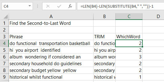 LEN and SUBSTITUTE functions to count words