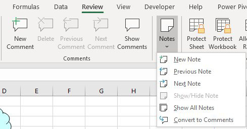 On the Review tab of the Ribbon, large icons for New Comment, Delete, Previous Comment, Next Comment, and Show Comment. To the right, a drop-down under Notes offers New Note, Previous Note, Next Note, Show/Hide Notes, Show All Notes, and Convert to Comments. The author is a little irritated that the old-style Notes are hidden behind this drop-down.