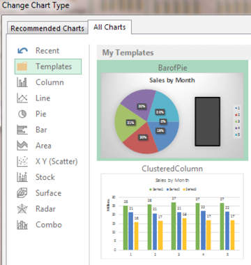 After setting up a template, the All Charts tab in the Change Chart Type dialog offers a new category at the top called Templates.