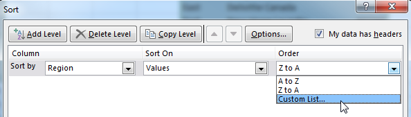 This screenshot shows detail of the Sort dialog. It says Sort by Region, Sort on Values. In the Order dropd-down menu, you can choose A to Z, Z to A or Custom List. Choose Custom List.