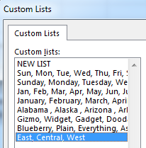 This shows the Custom Lists dialog, The Bagel Flavors from ealier in the book are there, and a new list with East, Central, West in that sequence is selected.