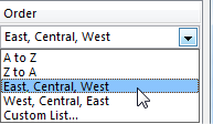 Back in the Sort dialog, the Order drop-down now offers two new choices. You have the original A to Z, Z to A, then East, Central, West or the backwards West, Central, East, and then the option to choose a different Custom List.