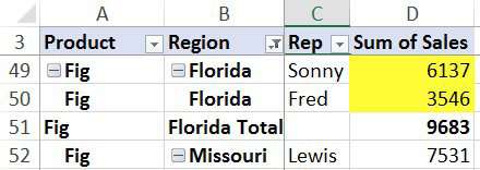 With a new inner row field of sales rep, two cells are highlighted in yellow. Each is sales of Florida Figs, but for different sales reps. The two numbers add up to the originl 9683.