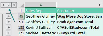 The gaps in the Sales Rep column do not appear when you use the #2 Group and Outline button.