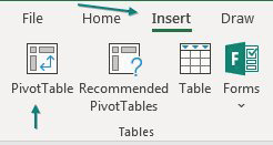 Detail of the Insert tab of the Ribbon. Pivot Table is the first icon on the Insert tab.