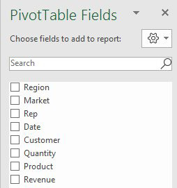The top half of the Pivot Table Fields pane lists all of the fields from the original data set with a checkbox to the left of each one.