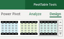 There are two tabs in the Ribbon for PivotTable Tools. The second tab is called Design and offers a gallery with different color schemes.
