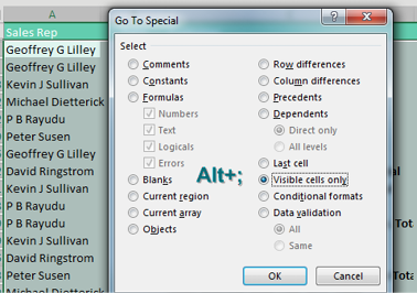 The Go To Special dialog offers a choice for Visible Cells Only. The shortcut to select visible cells without opening the dialog is Alt SemiColon.