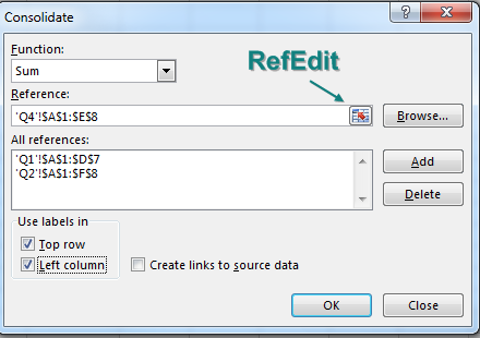In the Consolidate dialog box, use the RefEdit button to point to the data on each of the three worksheets. In the lower left corner, make sure to choose Use Labels In: Top Row, Left Column.