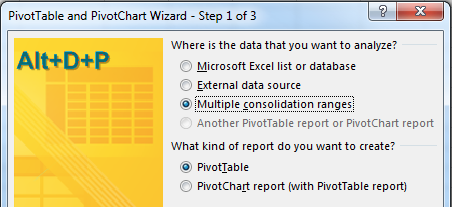 Press Alt+D P to open the legacy PivotTable and PivotChart Wizard. In Step 1 of 3, choose Multiple Consolidation Ranges.