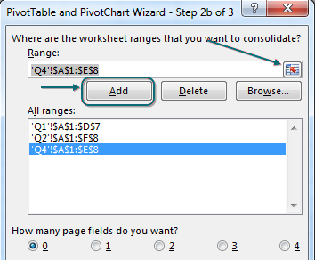 In the PivotTable wizard Step 2b of 3, specify all three ranges. Specify 0 page fields. 