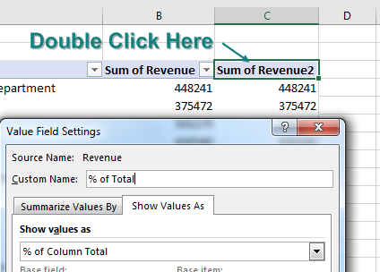 This pivot table has Revenue twice in the Values area. The second column of revenue is called Sum of Revenue2 in cell C3. Double-click that heading to open the Value Field Settings dialog. Type a custom name % of Total. On the Show Values As tab, choose % of Column Total